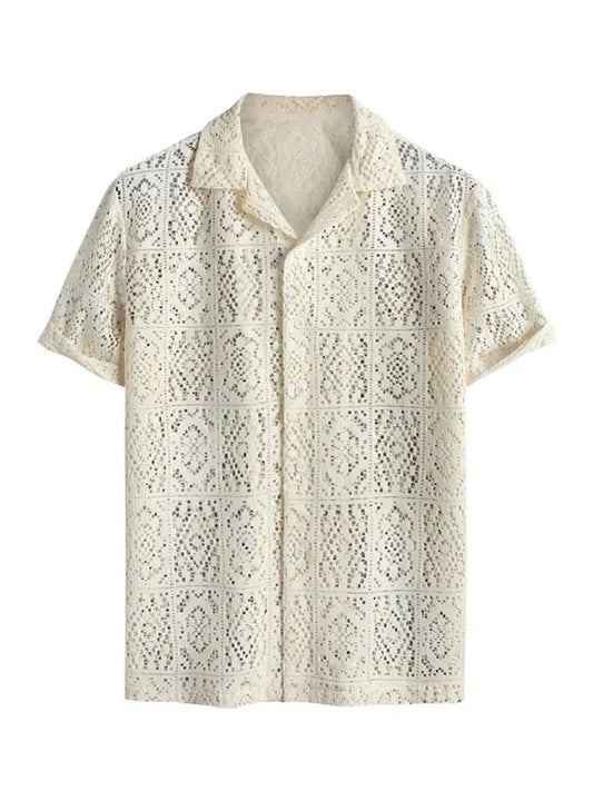 maoxiangshop Hollow Out See-through Men's Shirt Sexy Rose Pattern Short Sleeve Openwork Shirt Summer Streetwear Overshirt Tops Z5094175