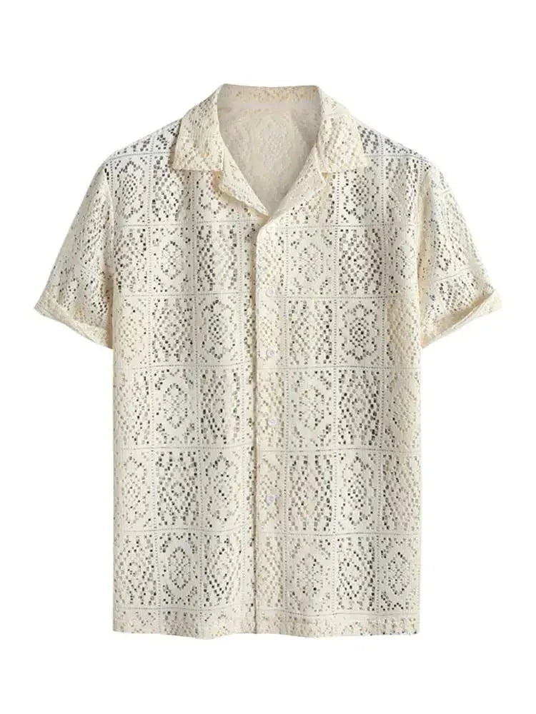 maoxiangshop Hollow Out See-through Men's Shirt Sexy Rose Pattern Short Sleeve Openwork Shirt Summer Streetwear Overshirt Tops Z5094175
