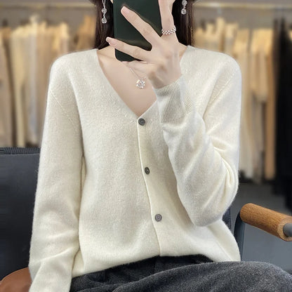 maoxiangshop New Fashion Spring Autumn 100% Merino Wool Women's V-neck Cardigan Cashmere Sweater 2024 Female Knitwear Clothing Korean Tops