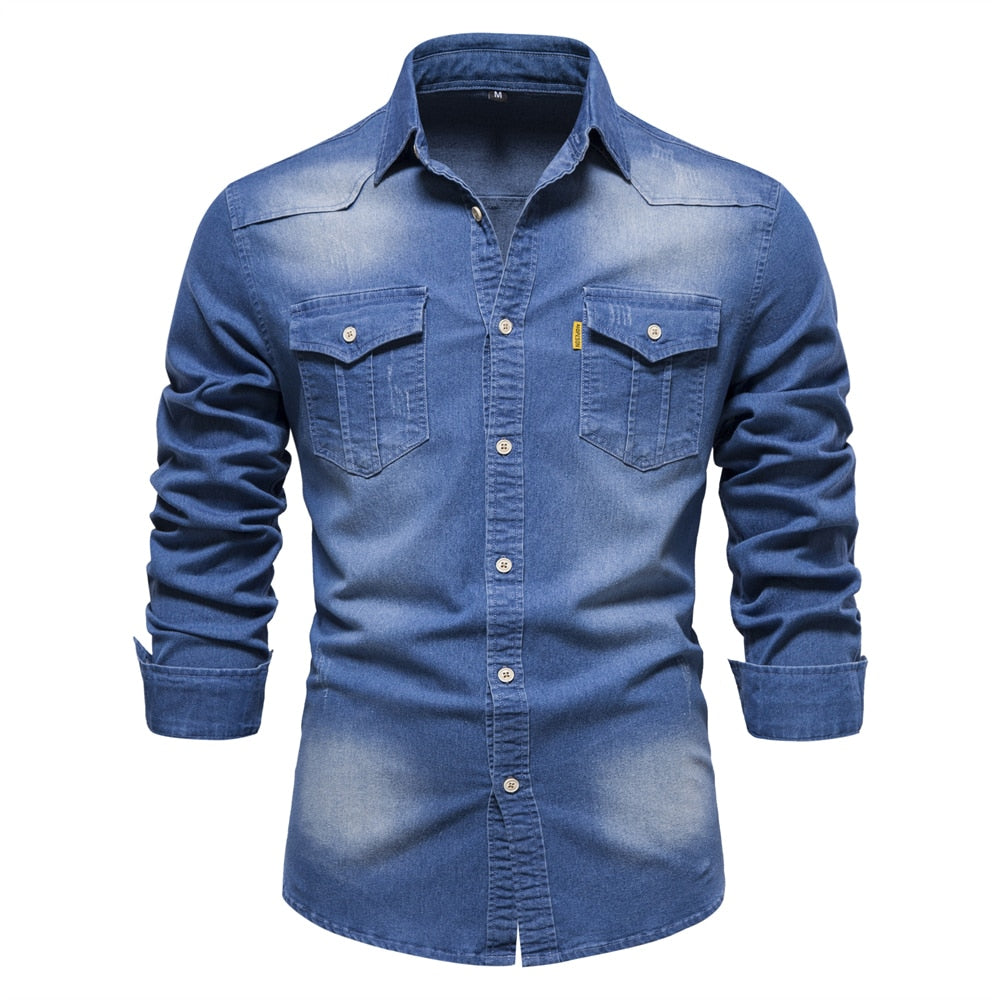 maoxiangshop Brand Elastic Cotton Denim Shirt Men Long Sleeve Quality Cowboy Shirts for Men Casual Slim Fit Mens Designer Clothing