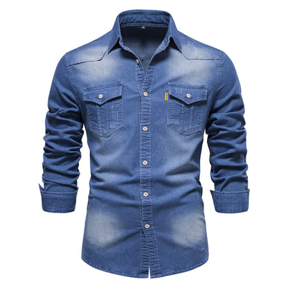 maoxiangshop Brand Elastic Cotton Denim Shirt Men Long Sleeve Quality Cowboy Shirts for Men Casual Slim Fit Mens Designer Clothing