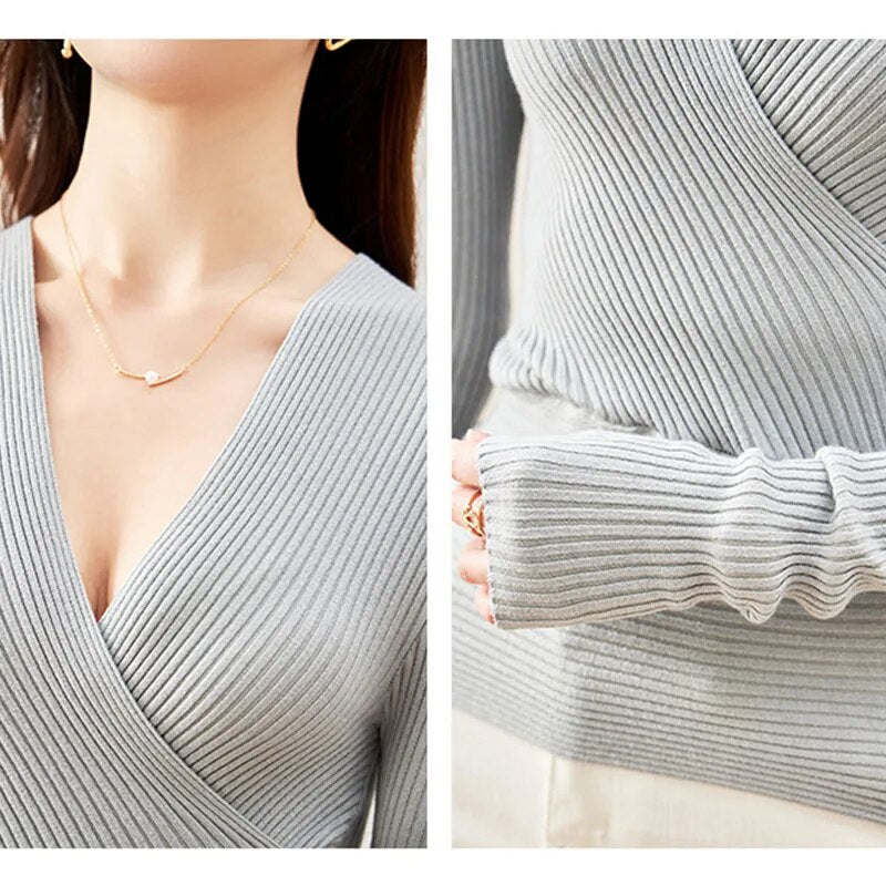 maoxiangshop Sexy Deep V Neck Sweater Women New Womens Clothing Slim Bottoming Large Elastic Knitwear Rib Cotton Long Sleeve Top Jerseys