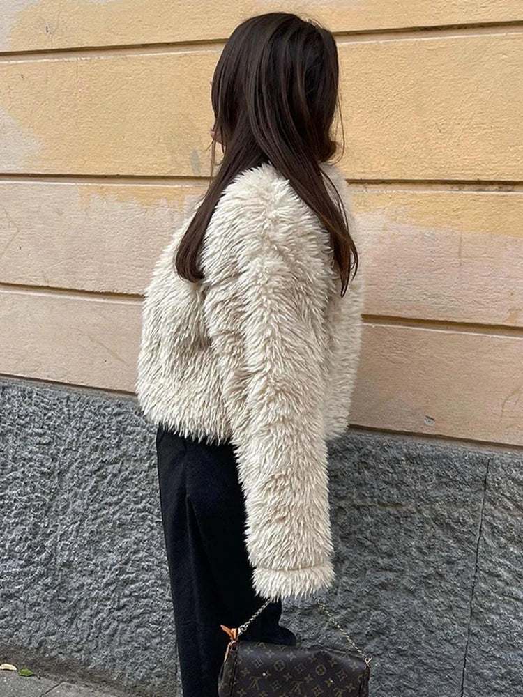 maoxiangshop -  Winter Loose Artificial Fur Jacket Women Fashion O Neck Long Sleeve Plush Warm Coat Autumn Chic Office Lady Thick Gary Outerwear