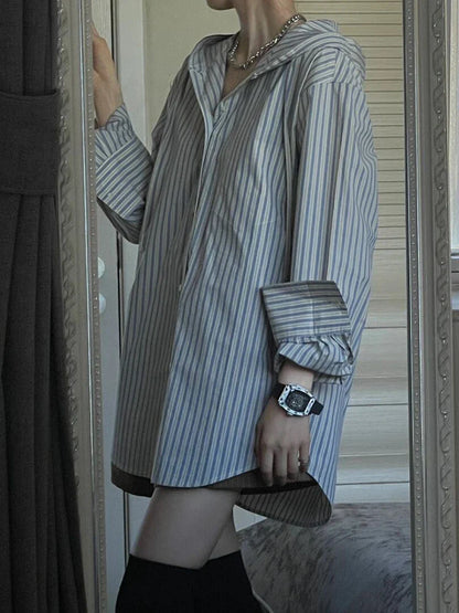 maoxiangshop Autumn Striped Shirts Women Oversized Long Sleeve Top Female Korean Casual Hooded Shirt Ladies Harajuku Single Breasted Blouse