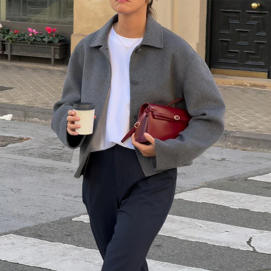 maoxiangshop  -  Fashion Woolen Solid Women Coat Lapel Full Sleeve Female Jacket 2024 Warm Autumn Winter Single Breasted Straight Lady Outwear