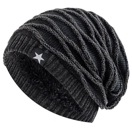 maoxiangshop New Unisex Slouchy Winter Hats Add Fur Lined Men And Women Warm Beanie Cap Casual Five-pointed Star Decor Winter Knitted Hats