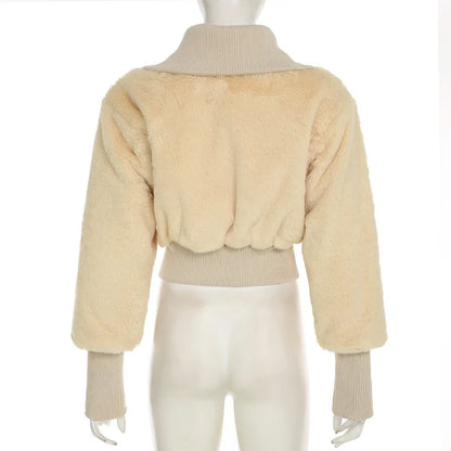 maoxiangshop  -  2024 Winter Faux Fur Patchwork Jackets Women Turn Down Collar Long Sleeve Single Breasted Warm Crop Coats Top Street Outerwear
