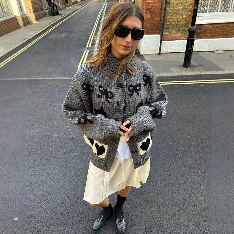 maoxiangshop  -  Thicken Cardigan Sweater Outwear Women  Autumn Winter Retro Cat Love Pattern Stand Collar Horn Button Knitted Cardigan