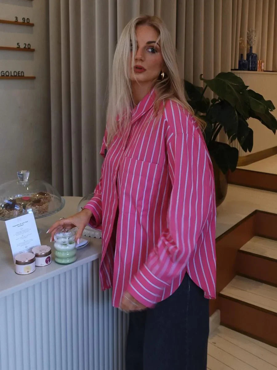 maoxiangshop  -  2024 New Pocket Striped Pink Blouse Women Turndown Collar Long Sleeve Blouses Autumn Casual Fashion Single Breasted Shirts Femme