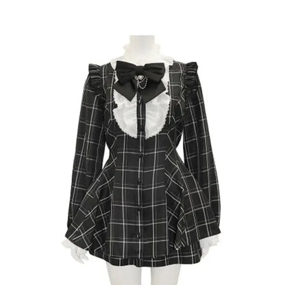 maoxiangshop  -  Japanese Style Gothic Y2k Lolita Plaid Rhinestone Bow Dress Shorts Set Sweet Women Puff Short Sleeve Button Shirt Party Dresses