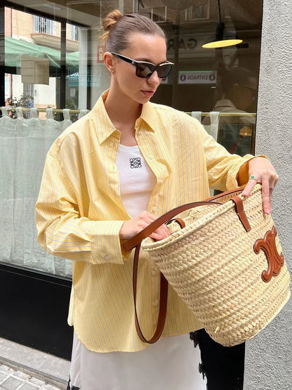 maoxiangshop  -  Yellow Striped Shirts For Women Autumn Loose Casual Long Sleeve Turndown Collar Blouses Female Simple Fashion Blouse 2024 New