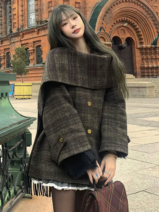 maoxiangshop  -  Autumn/Winter New Retro Plaid Cloak Shawl Woolen Coat Women Winter Clothes Korean Style Chic Loose Wool Outerwear Women Top