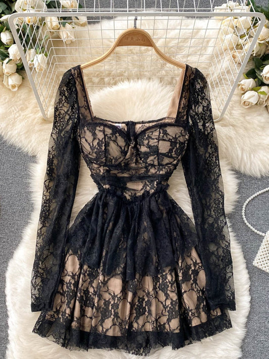 maoxiangshop Elegant Black Lace Dress Women Sexy Hollow Out Mini Party Dress Square Collar Full Sleeve Slim Waist A-line Clubwear Robe Femme