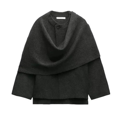 maoxiangshop  -  Fashion Asymmetric Scarf Knitted Jacket Women O Neck Single Button Side Slit Solid Loose Coat Winter New Female Chic Outerwear