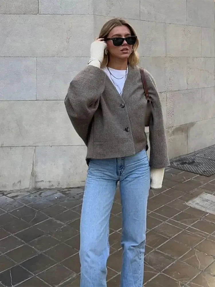maoxiangshop  -  Warm Button Pockets V Neck Crop Jacket For Women Casual Solid Long Sleeves Short Coat 2024 New Autumn Lady Office Outerwear