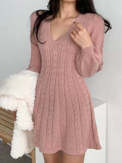 maoxiangshop Vintage V-neck Lantern Sleeve Knit Elegant Vestidos De Mujer Fashion Korean Sweater Bodycon Y2K Mini Dress Women Clothing Autumn