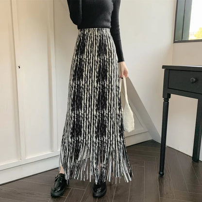 maoxiangshop French Chic Long Skirts for Women Tie-dye Printed Tassel High Waist Female Sheath Skirt Ladies Streetwear Maxi Skirt