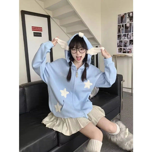 maoxiangshop Lazy and Cute Star Wing Hoodie for Women in Autumn and Winter American Retro Niche Couple Versatile Loose Hooded Oversized Top