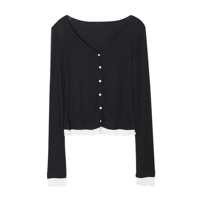 maoxiangshop  -  Contrast Fungus Trim Long Sleeve Autumn V Neck Single Breasted Slim Tops T-shirts Women Korean Fashion Simple T-shirts 2024 New