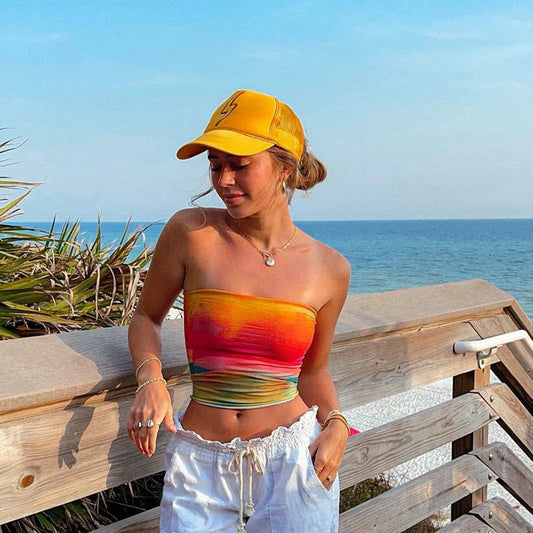 maoxiangshopCombhasaki Women American Retro Y2K Hotsweet Wrap Chest Tube Tops Tie-dye Strapless Tank Tops Summer Backless Bandeau Crop Tops