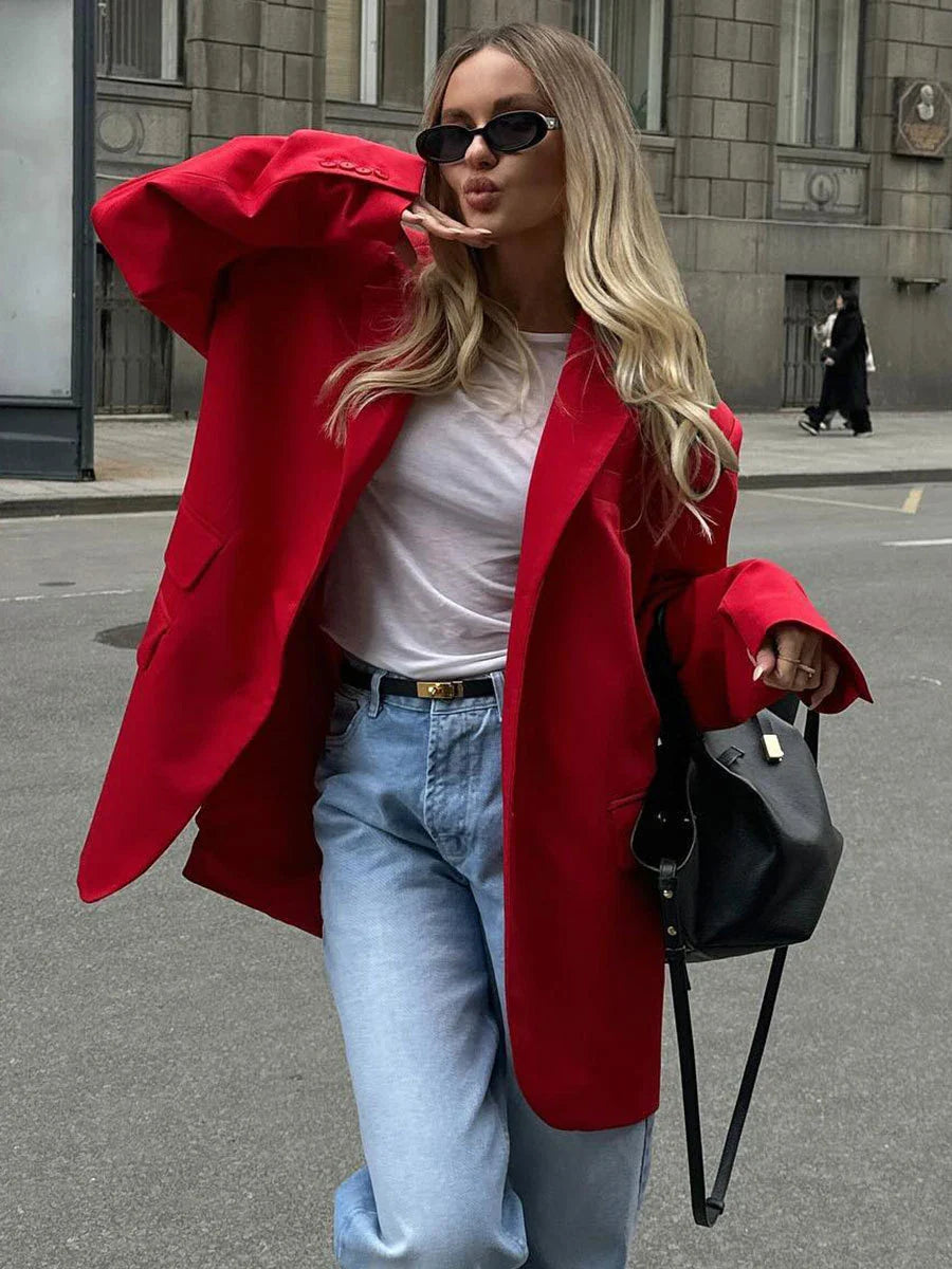 maoxiangshop  -  Autumn Red Fashion Blazer Women 2024 New Single Breasted Long Sleeve Pockets Outerwear Streetwear Fashion Casual Jackets Female