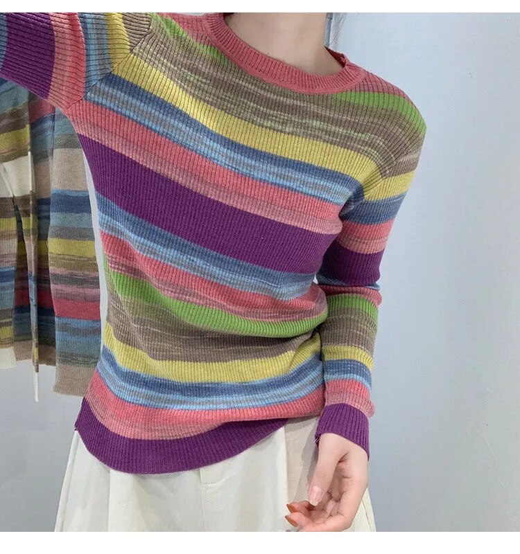 maoxiangshop Rainbow Sweater Women Super Soft Stretchy Multicolor Striped Knit Striped Jumper Pullover Female Spring Autumn Knitwear