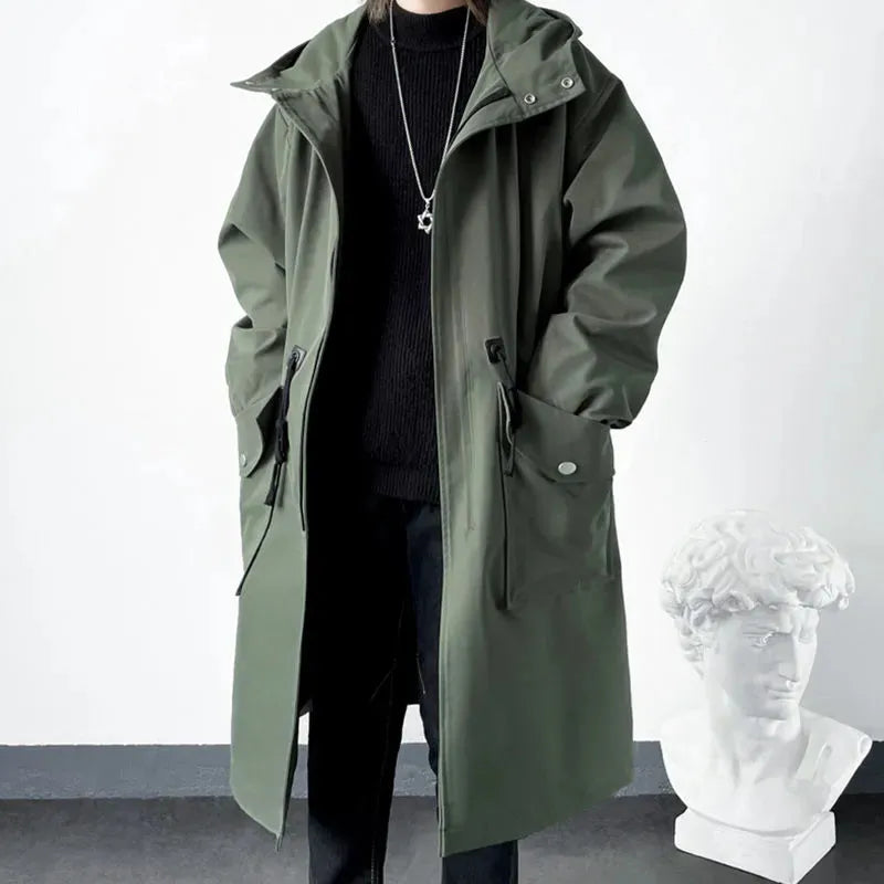 maoxiangshop Spring Autumn Army Green Windbreaker Fashion Men Mid-length Casual Hooded Coat Men Daily High Street Overcoat Male Clothes