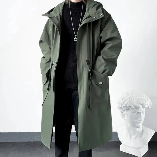 maoxiangshop Spring Autumn Army Green Windbreaker Fashion Men Mid-length Casual Hooded Coat Men Daily High Street Overcoat Male Clothes