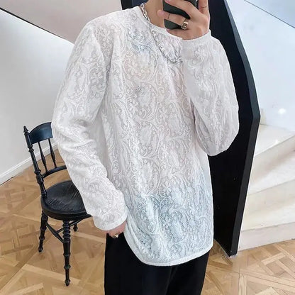 maoxiangshop French Style White Men's Wear Fashion Solid Color Jacquard Weave Tops Men's Summer Thin Style Breathable Long Sleeve T-shirt