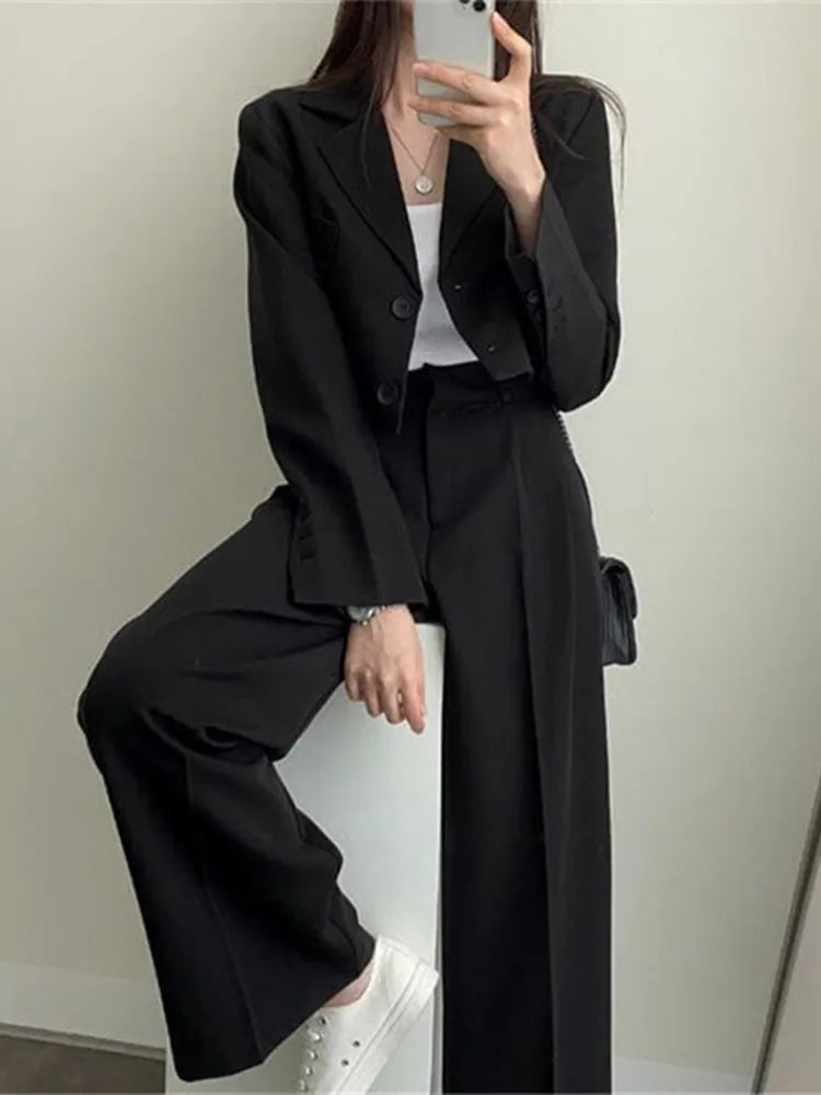 maoxiangshop Two Piece Sets Women Outifits Fall Office Lady Pants Korean Blazer Suits Long Sleeve Fashion Coat Black High Waisted Pants