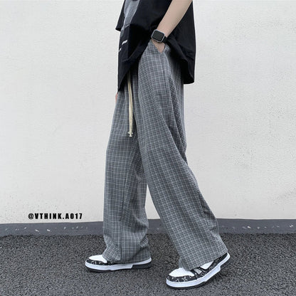 maoxiangshop Summer/Autumn Plaid Pants Men Loose Casual Straight Trousers for Male/Female Harajuku Hip-hop Streetwear Wide-leg Mopping Pants