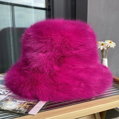 maoxiangshop y2k Fluffy Faux Fur Bucket Hat Women Rabbit Fur Warm Thick Plush Winter Hat Lady Luxury Fashion Furry Panama Fisherman Cap