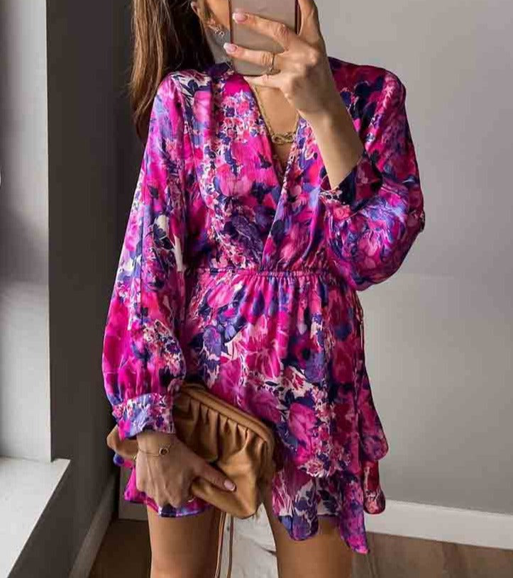 maoxiangshop Print Short Dress Woman Ruffles Ruched Mini Dresses for Women Summer Dress Short Sleeve Elegant Party Dresses