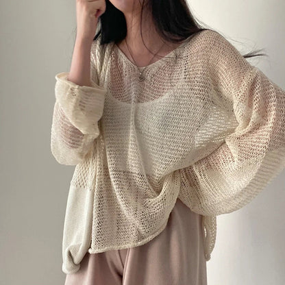 maoxiangshop- Full Sleeves Pullovers Hollow Out Sweaters Tops Sexy Women Fashion Casual Streetwear Chic Female Losse Sweaters Korean style