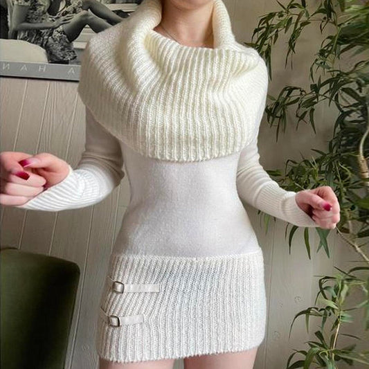 maoxiangshop White Knitting Dress Y2k Autumn Winter Women Turtleneck Long Sleeve Sweaters Dresses Chic Fairycore Vintage Clothes