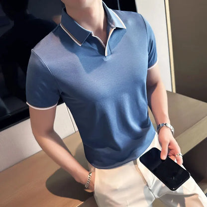 maoxiangshop Mens Short Sleeve POLO Shirt Summer Thin New High Elasticity Solid Color Casual Slim Fit Formal Dress Shirt Men Clothing