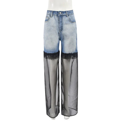 maoxiangshop  -  Mesh Patchwork Baggy Jeans Women Fashion High Waist Loose Straight Trousers Casual Streetwear Spring Autumn Denim Pants