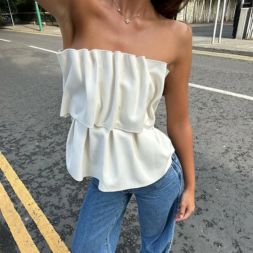 maoxiangshop  -  Solid Folds Tank Top Women Autumn Slim Sleeveless Cute Tops Women's Club Sexy Low Cut Street Fashion Femme Clothing