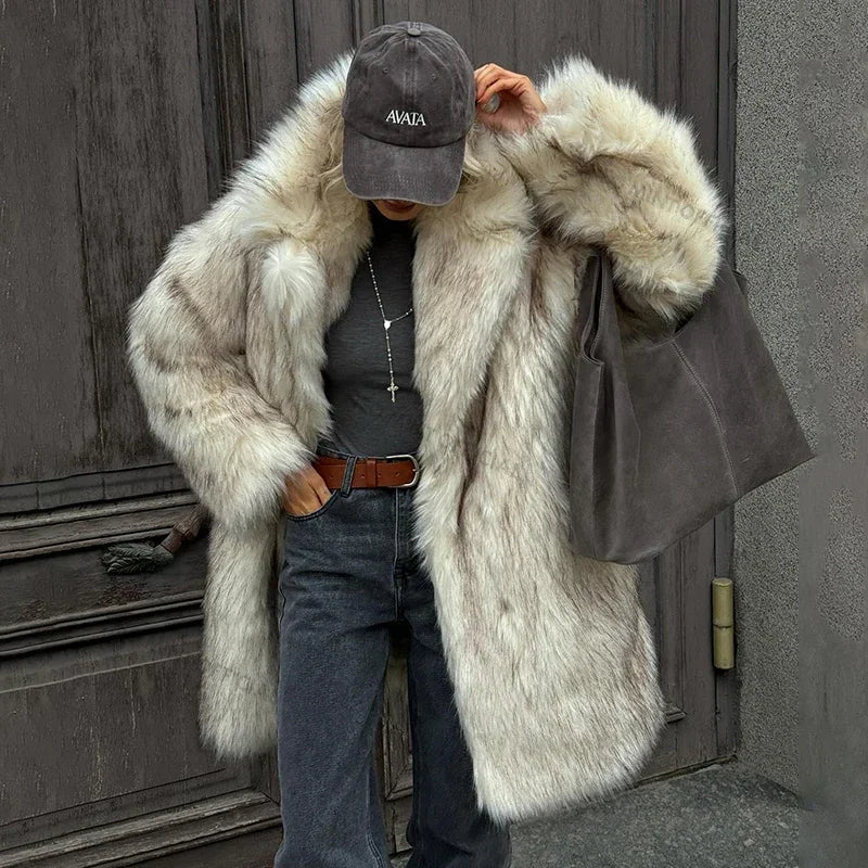maoxiangshop  -   Luxury Brand Fluffy Faux Fur Jacket Women 2024 Winter Long Thicken Warm Gradient Fox Fur Coat Streetwear Furry Overcoat