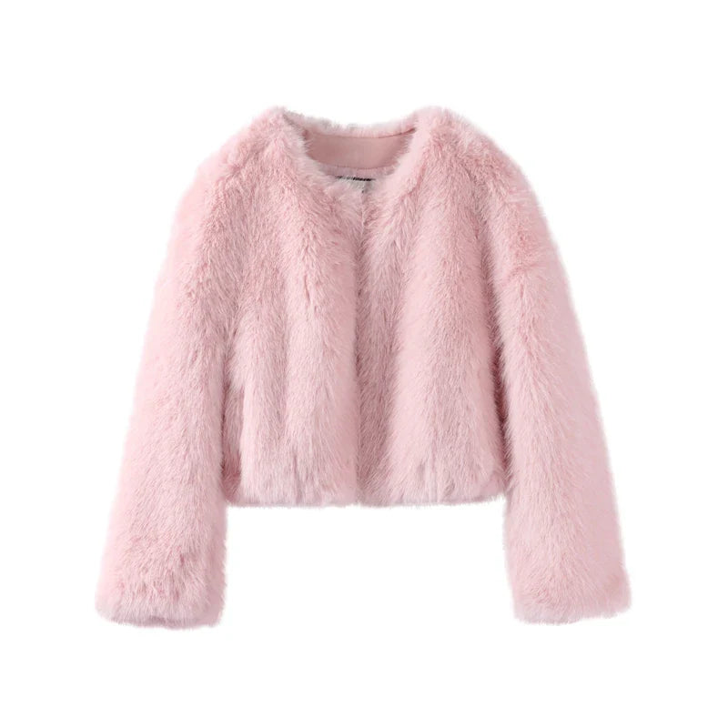 maoxiangshop  -  Short Faux Fur Coats Women Plush Autumn Winter O-neck Open Stitch Loose Women's Coat Long Sleeve Casual Jacket Female Streetwear