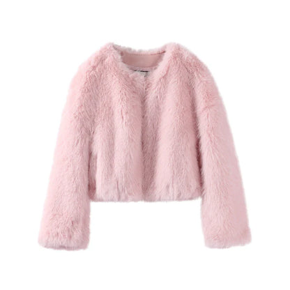 maoxiangshop  -  Short Faux Fur Coats Women Plush Autumn Winter O-neck Open Stitch Loose Women's Coat Long Sleeve Casual Jacket Female Streetwear