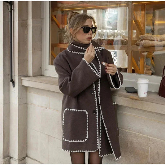 maoxiangshop  -  Fashion Loose Women Coat With Scarf Long Sleeve Pocket Single Breasted Female Coat 2024 Autumn Winter Fashion Lady Street Jacket