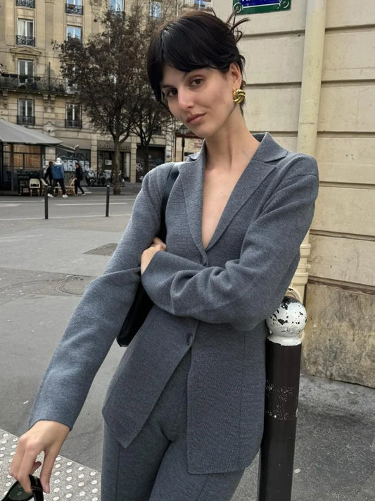 maoxiangshop  -  Fashion Women Gray Single Breasted Knitted Blazer Elegant Lapel Long Sleeve Slim Coat Autumn Chic Lady Commuting Street Outwear