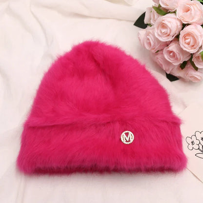 maoxiangshop New Fashion Rabbit Fur Y2k Beanies for Women Soft Warm Fluffy Angola Winter Hat Female Windproof Bonnet Hat Skullies Cap