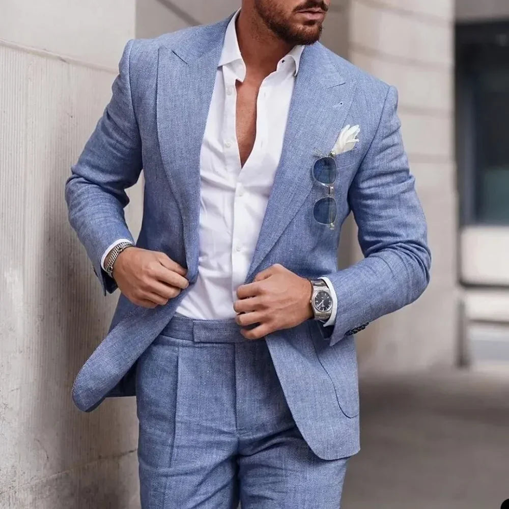 maoxiangshop Fashion Linen Suits for Men Chic Peak Lapel Double One Button Male Suit Slim Fit Business Casual Wedding Tuxedo 2 Piece Costume