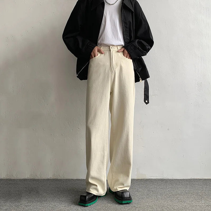 maoxiangshop Baggy Beige Jeans Men Fashion Casual Oversized Wide Leg Jeans Men Streetwear Korean Loose Straight Denim Pants Mens Trousers