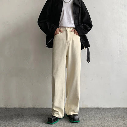 maoxiangshop Baggy Beige Jeans Men Fashion Casual Oversized Wide Leg Jeans Men Streetwear Korean Loose Straight Denim Pants Mens Trousers