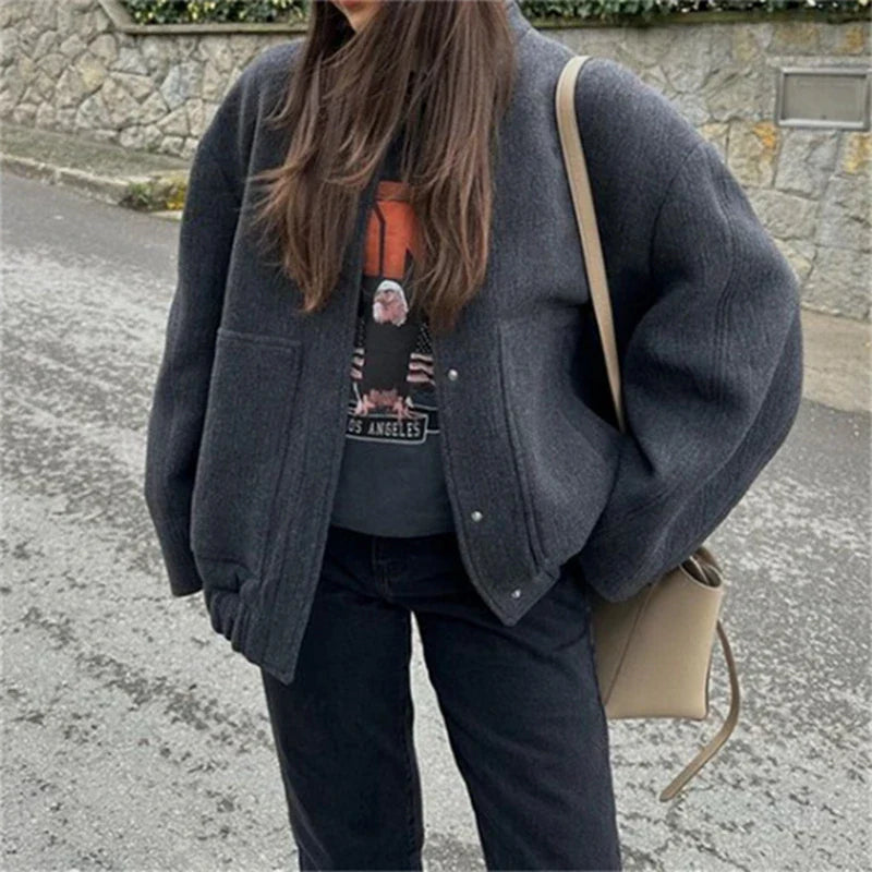 maoxiangshop  -  Y2K Loose Bomber Jackets Women Autumn Winter Casual Terry Pockets Long Sleeve Tops Fashion Streetwear Chic Female Baseball Coat