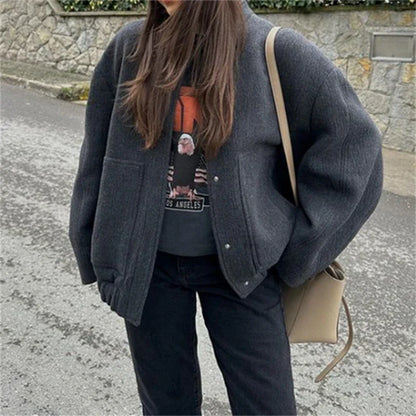 maoxiangshop  -  Y2K Loose Bomber Jackets Women Autumn Winter Casual Terry Pockets Long Sleeve Tops Fashion Streetwear Chic Female Baseball Coat