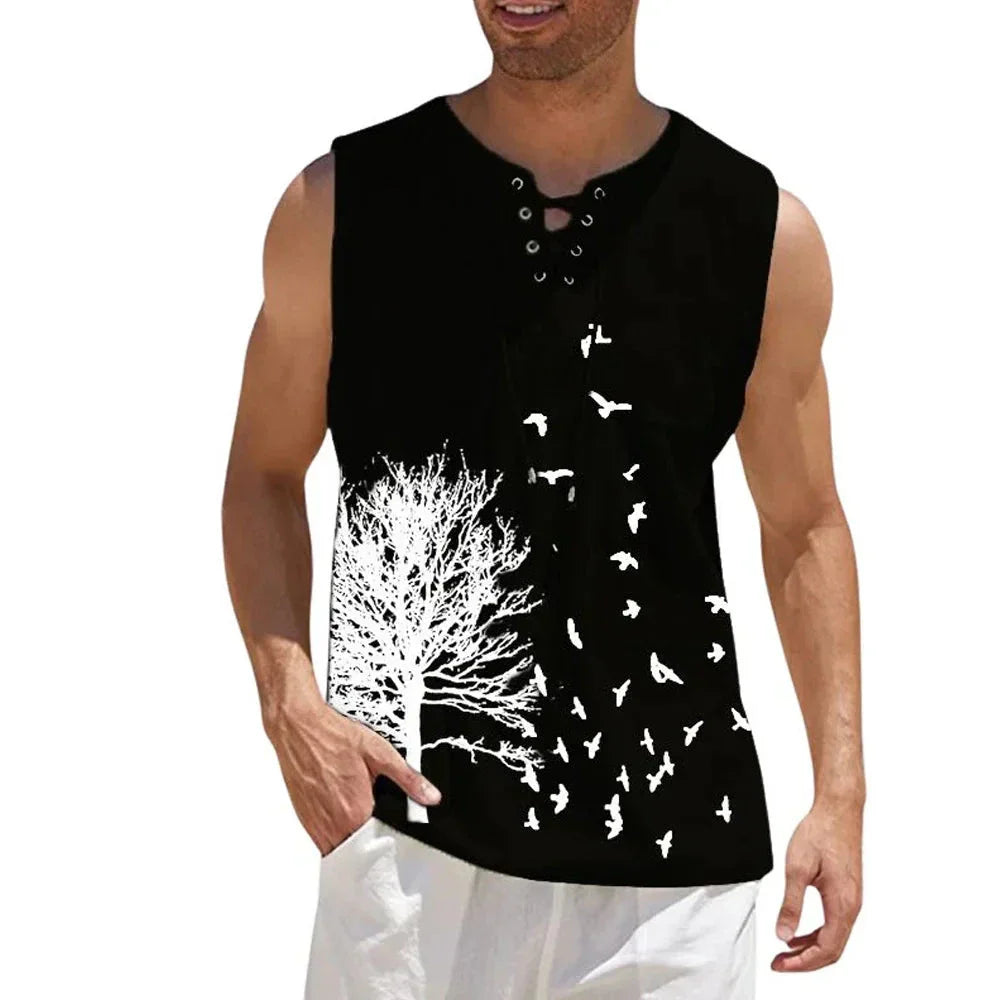 maoxiangshop Plus Size 4xl 5xl Mens Boho Tree Birds Print Shirts Summer Bandage Tops Men Sleeveless Blouse Male Pullovers Casual Shirt